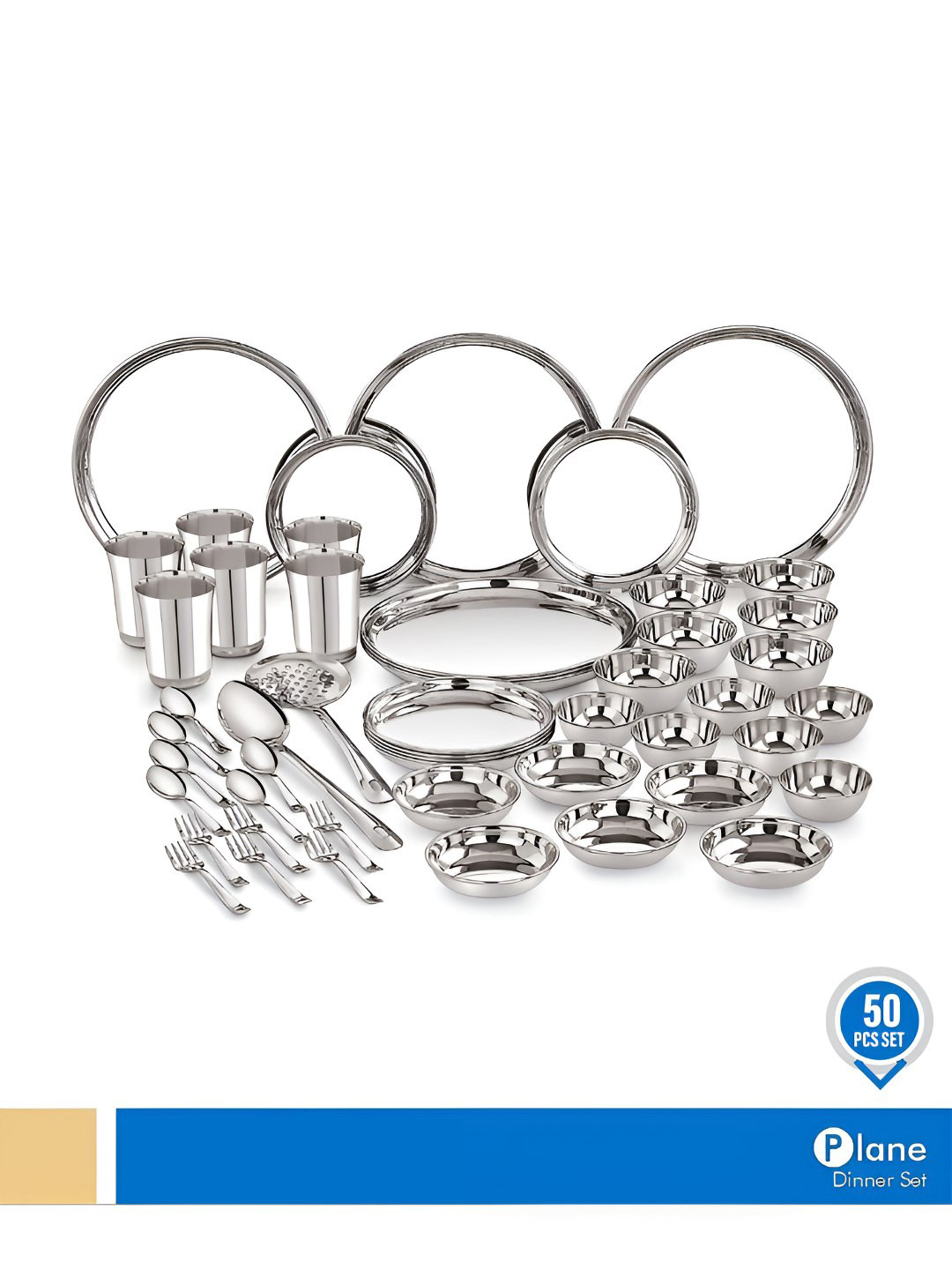 Neelam Shagun Silver Solid Stainless Steel Dishwasher Safe 50 Piece Dinner Set