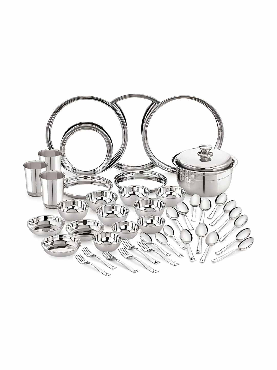 Neelam Shagun Silver Solid Stainless Steel Dishwasher Safe 45 Piece Dinner Set