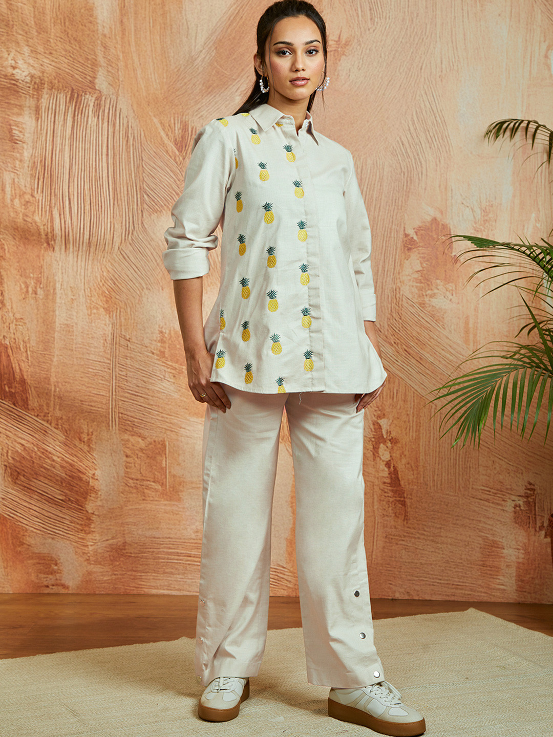 VASTRAMAY Embroidered Linen Shirt Collar Shirt With Trousers Co-Ords