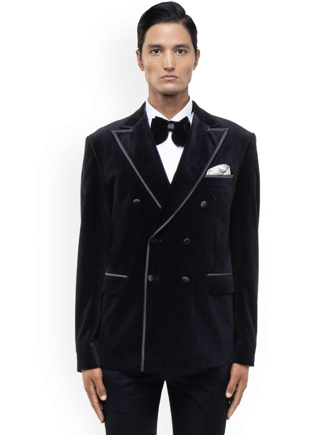 SDS By Kushal Shah Velvet Peak Lapel Double Breasted Tuxedo Three-Piece Suit