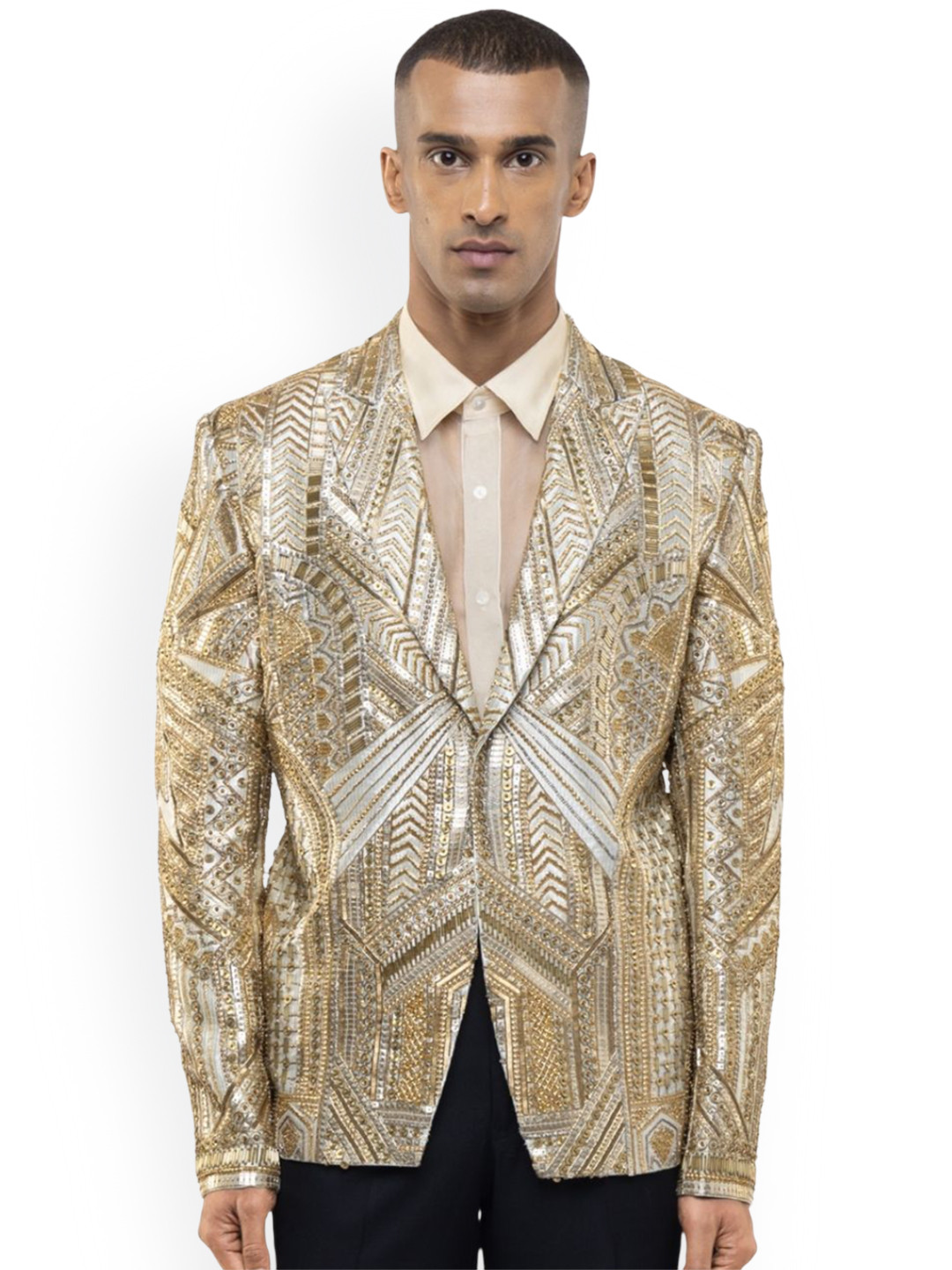 SDS By Kushal Shah Silk Embroidered Peak Lapel Single Breasted Tuxedo Three-Piece Suit