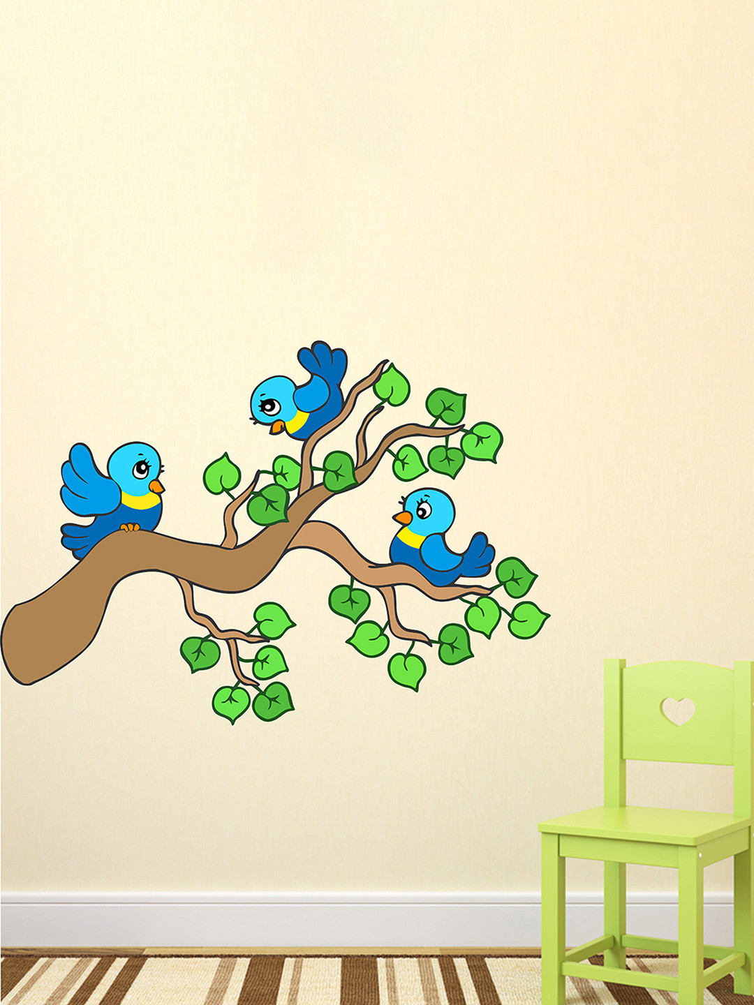 LANSTICK Green & Blue Tree with Cute Birds Self Adhesive Wall Sticker