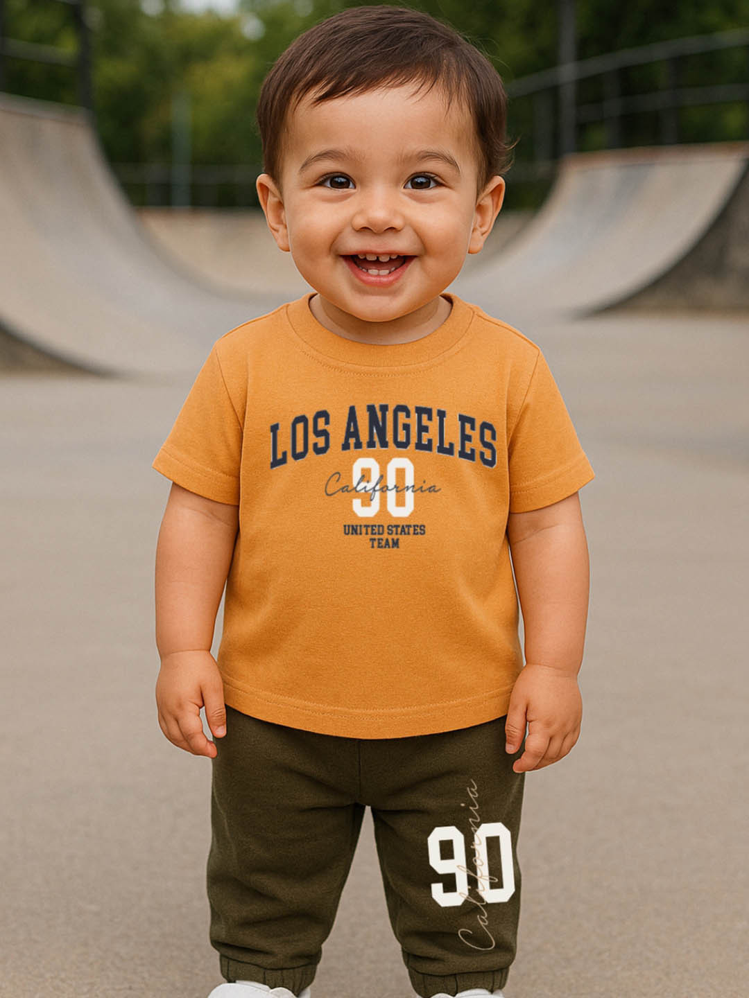 Nap Chief Infants Unisex Los Angeles Varsity Printed Pure Cotton T-Shirt & Cargo Joggers