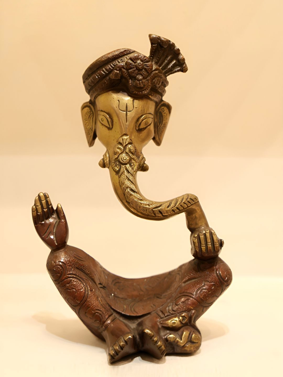 Exotic India Pagdi Ganesha Brown Brass Metallic Prayer Room Medium Showpiece - 10 Inches