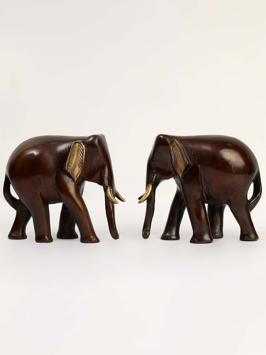 Exotic India Elephant Brown Brass Metallic Home Office Set of 2 Small Showpieces - 6 Inches