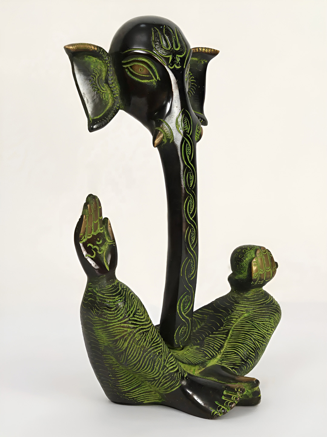 Exotic India Ganesha Green Brass Metallic Prayer Room Medium Showpiece - 9.2 Inches