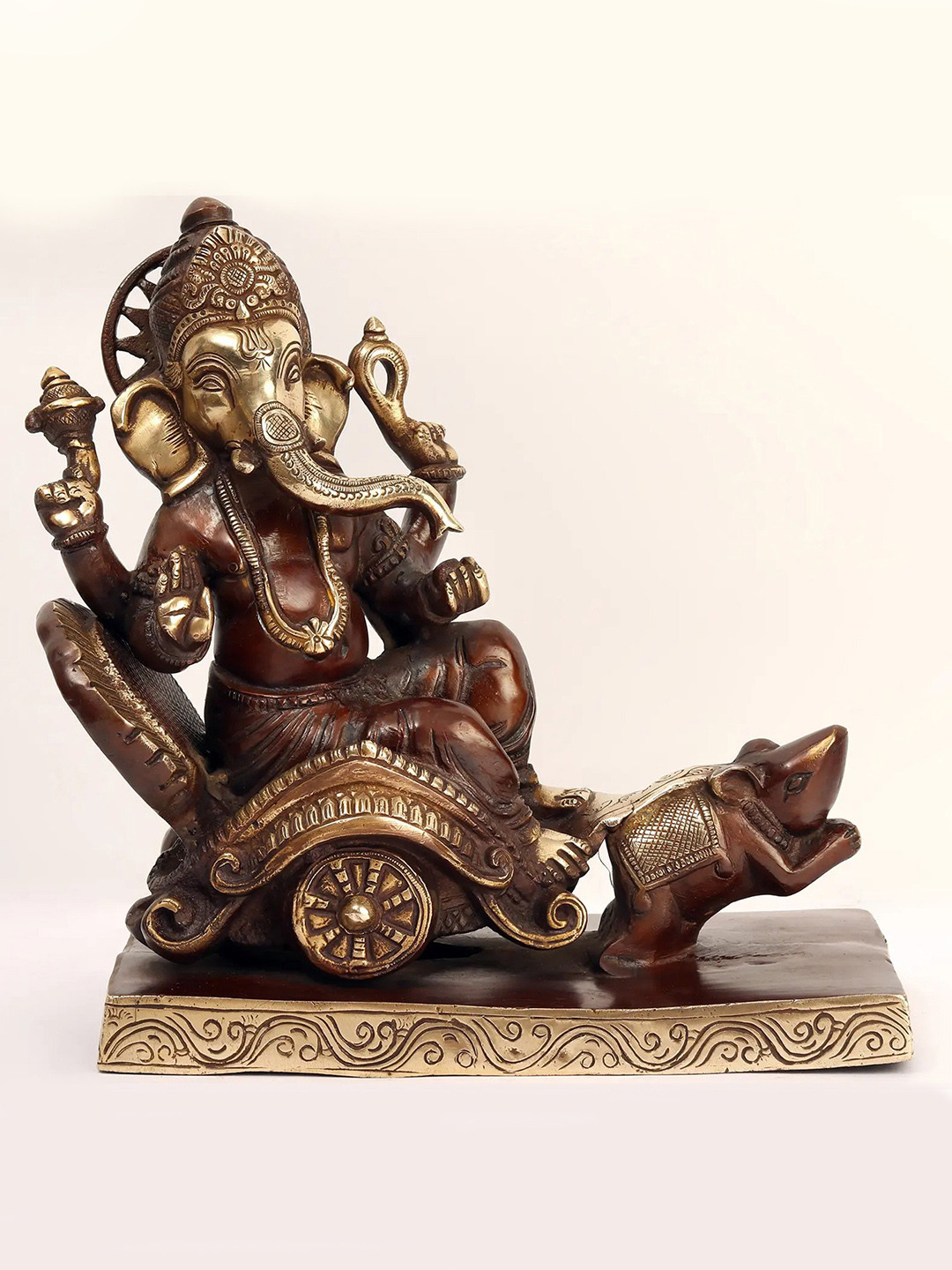 Exotic India Lord Ganesha on Mushak Sawari Brown Brass Metallic Prayer Room Medium Showpiece - 11.5 Inches