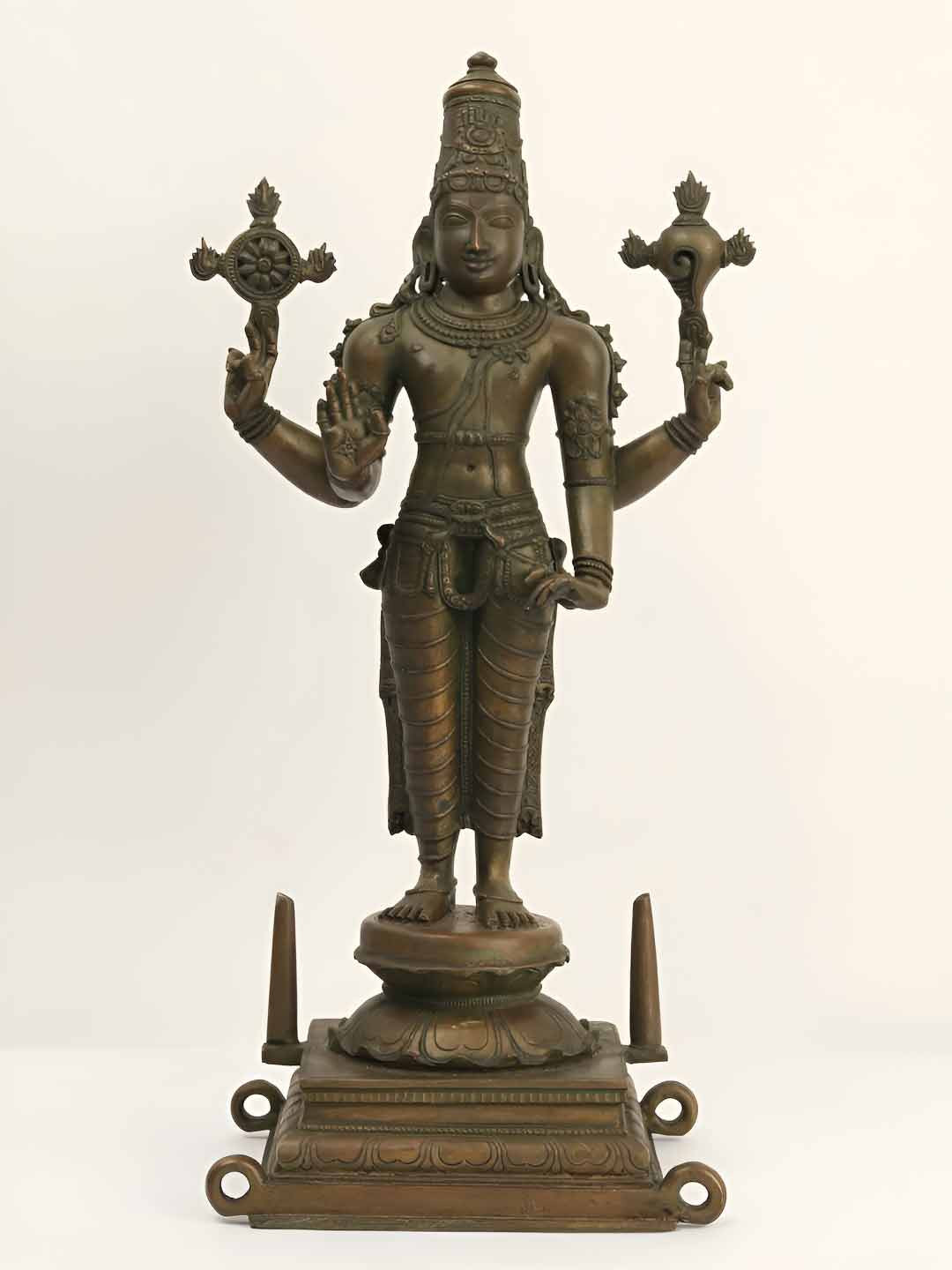 Exotic India Standing Lord Vishnu Brown Brass Metallic Prayer Room Large Showpiece - 20.4 Inches