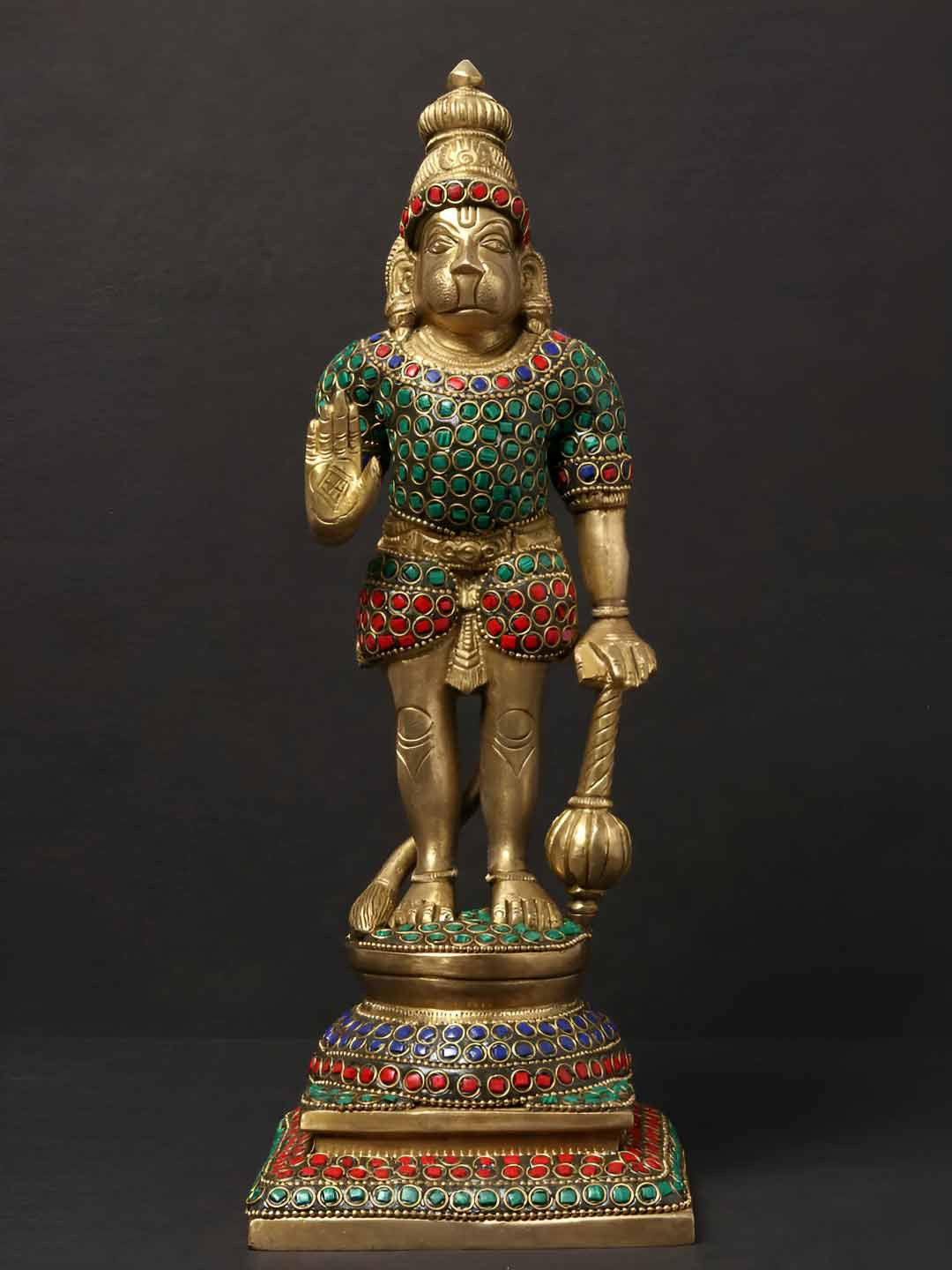 Exotic India Standing Lord Bhaktha Anjaneyar Gold Brass Metallic Prayer Room Medium Showpiece - 12 Inches
