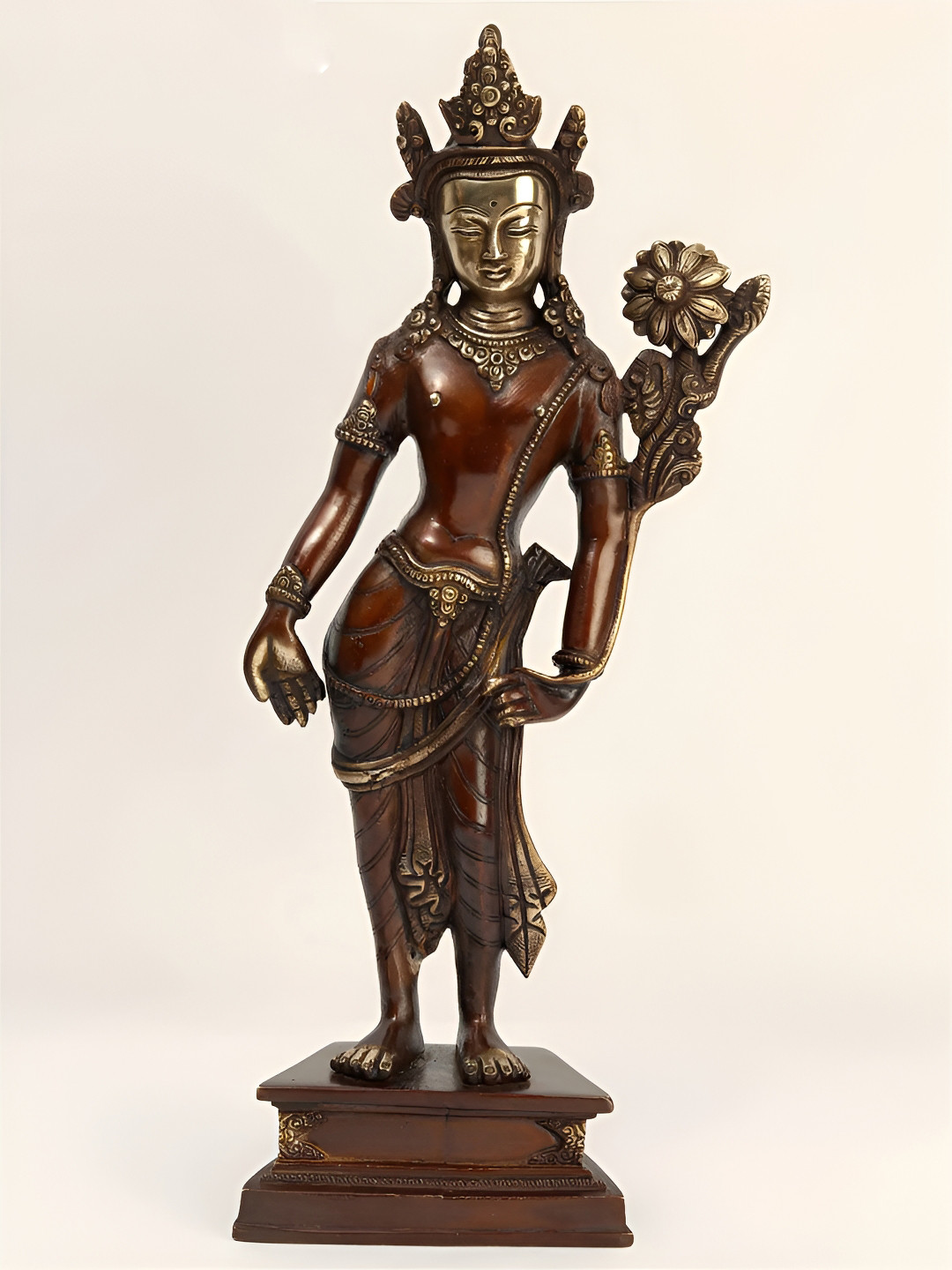 Exotic India Tibetan Buddhist Deity Padmapani Avalokiteshvara Brown Brass Metallic Prayer Room Large Showpiece - 16 Inches
