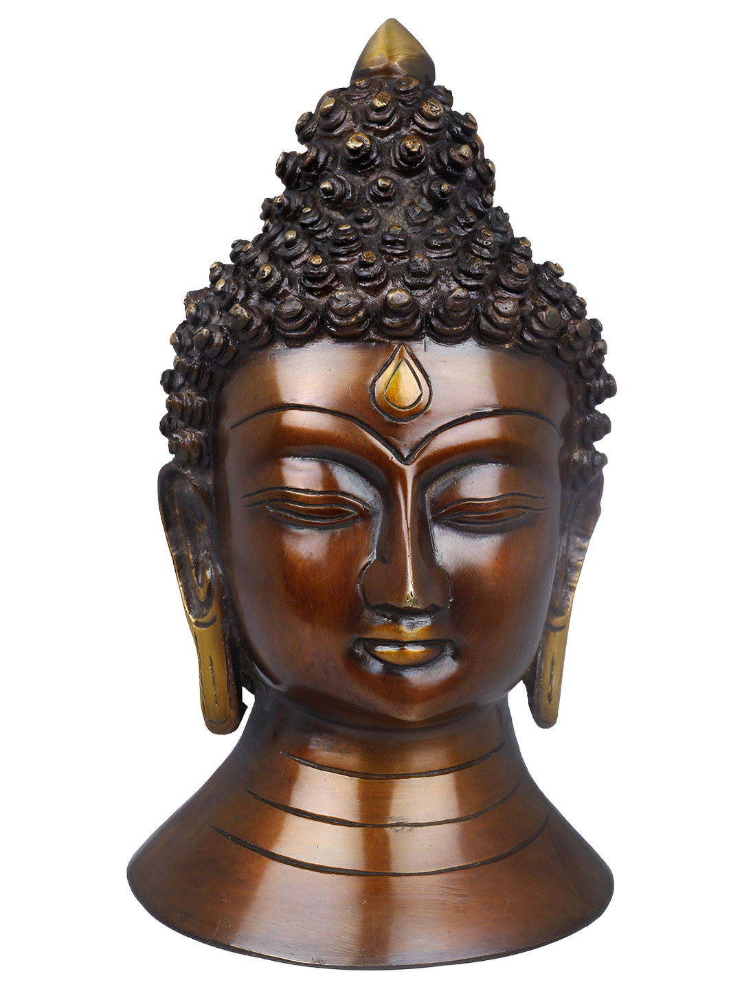 Exotic India Tibetan Buddhist Lord Buddha Head Metallic Brass Living Room Hand Made Medium Showpiece - 8 Inches