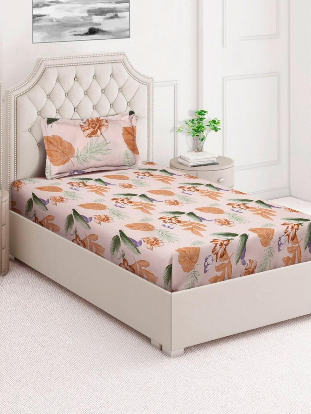 Aura Orange Floral Cotton Skin-Friendly 350 TC Fitted Single Superfine Bedsheet with a Pillow Cover-85 x 59 inches