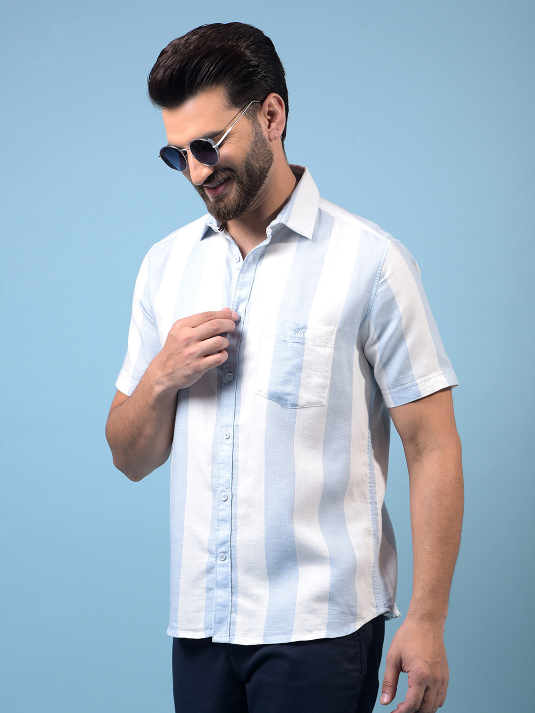 Crimsoune Club Men Classic Slim Fit Vertical Striped Spread Collar Cotton Casual Shirt