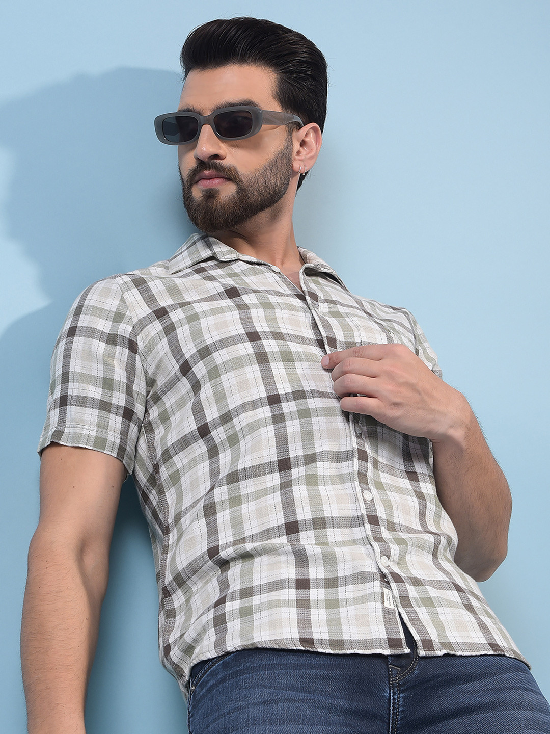 Crimsoune Club Men Classic Slim Fit Tartan Checked Spread Collar Cotton Casual Shirt