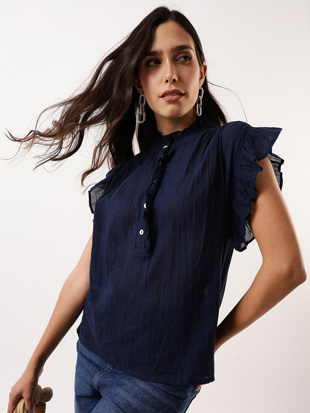 DL Woman Solid Textured Sleeveless Round Neck Ruffle Top