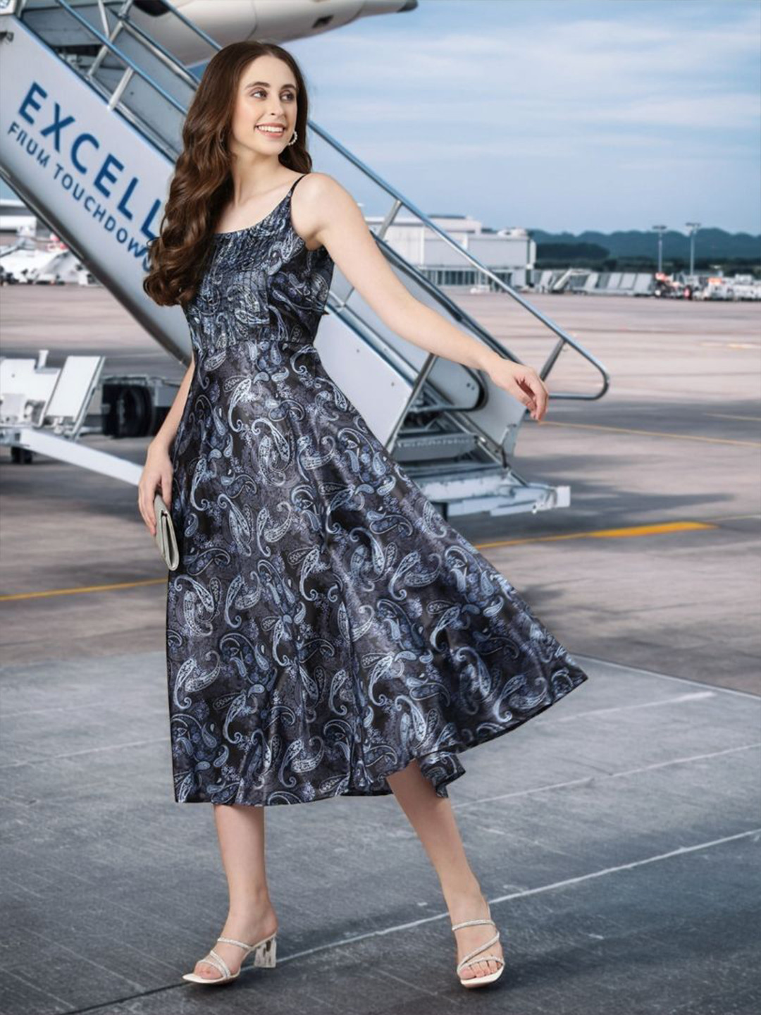 Souchii Print Satin Drop-Waist Midi Dress