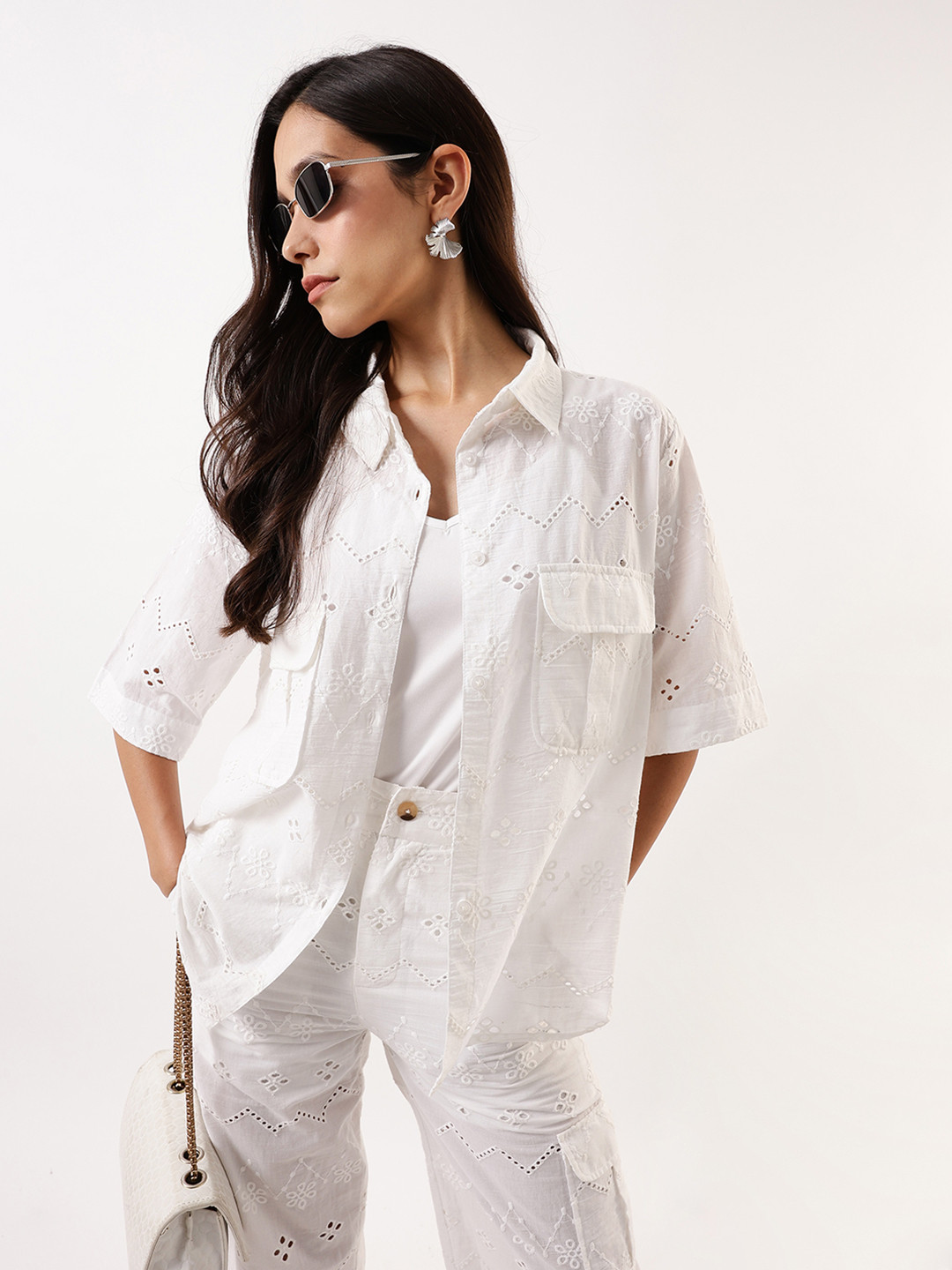 DL Woman Schiffli Cotton Half Sleeves Shirt with Trousers Co-Ords
