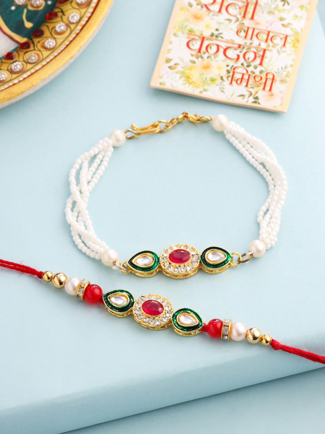NVR Set of 2 Multicolor Oval Kundan Studded Bhaiya Bhabhi Rakhi with Roli Chawal