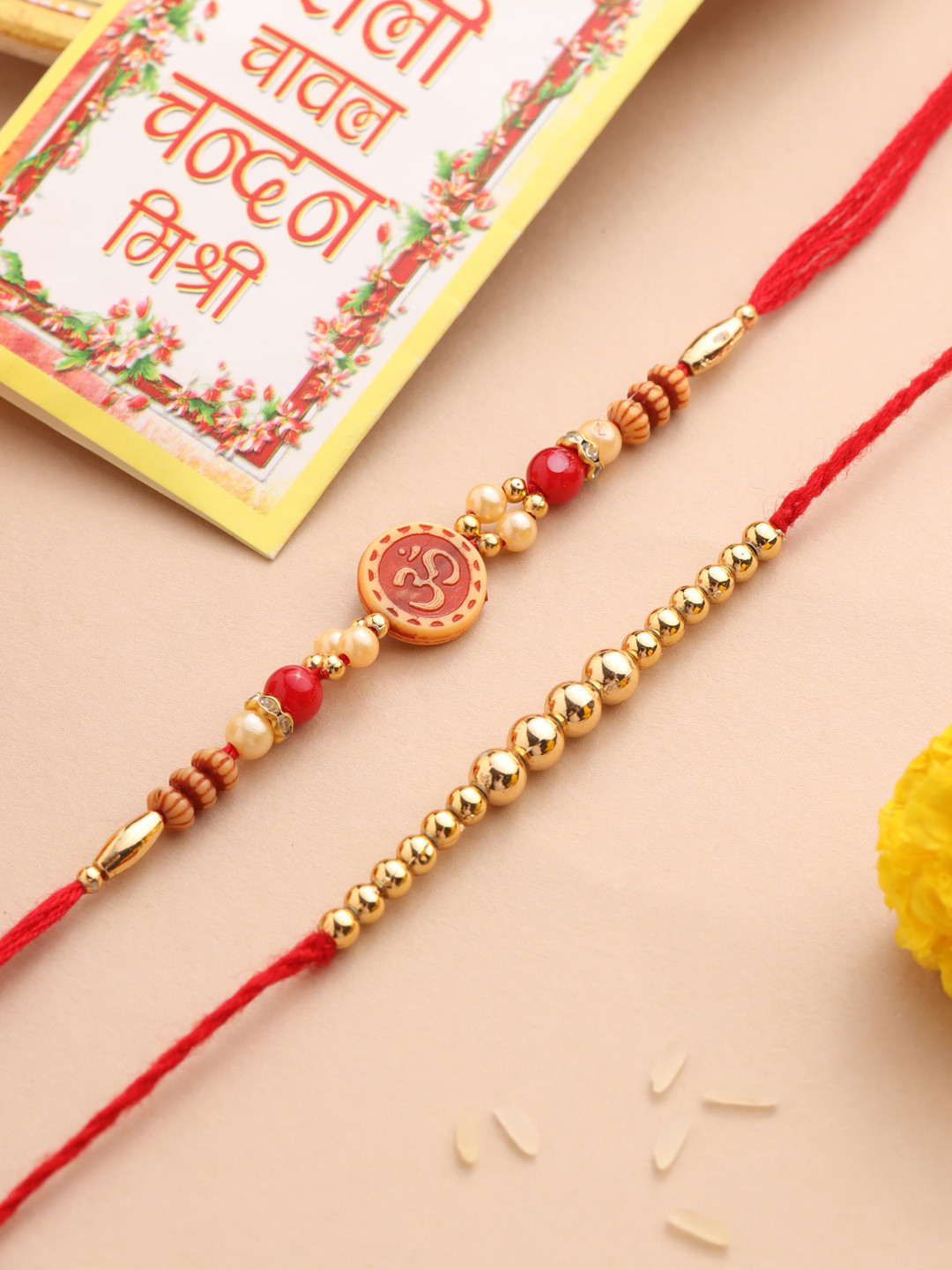 NVR Men's Set of 2 Red Religious Thread Rakhi with Roli Chawal Chandan & Mishri