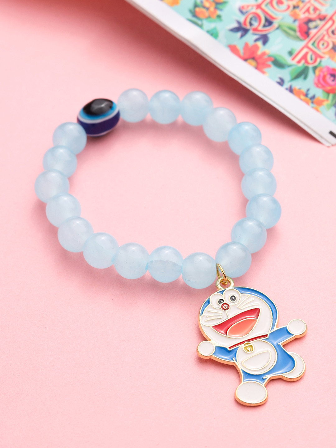 NVR Kids Cartoon Design Sky BLue Artificial Beads Thread Rakhi with Roli Chawal