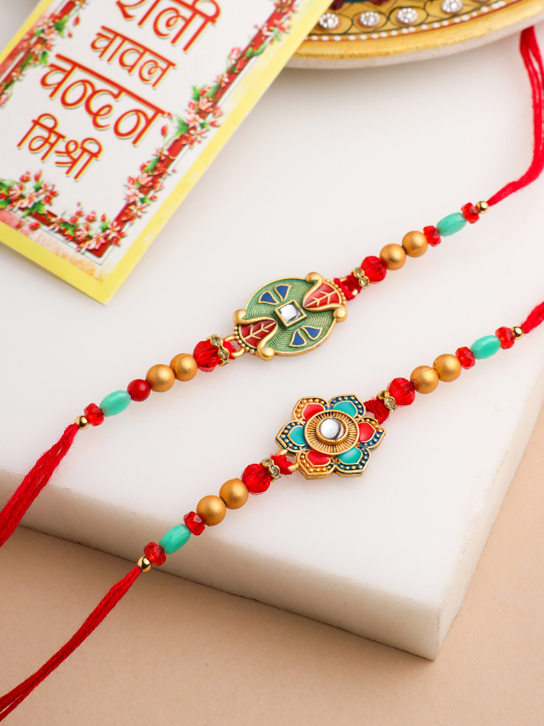 NVR Unisex Set of 2 Artificial Stones & Beads Thread Rakhi With Roli Chawal Chandan Mishri