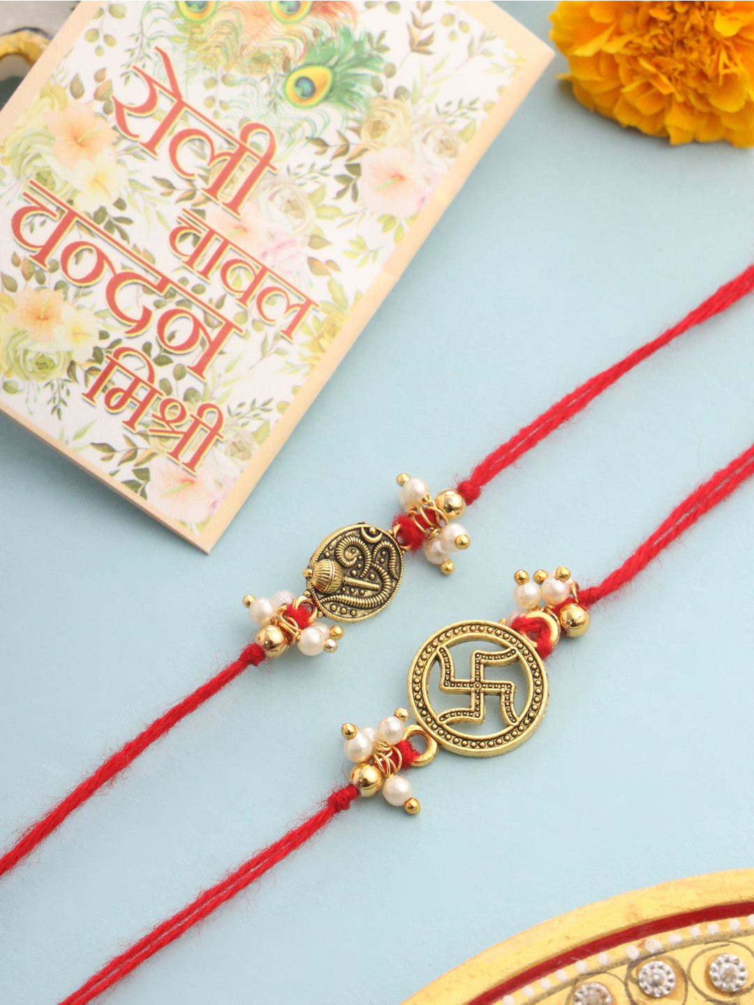 NVR Unisex Set of 2 Pearls Swastik Desgin Thread Rakhi with Roli Chawal Chandan Mishri
