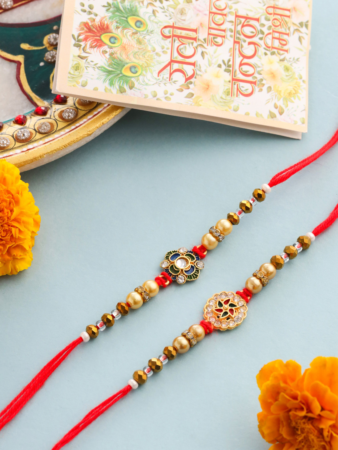 NVR Unisex Set of 2 Artificial Stones & Beads Thread Rakhi With Roli Chawal Chandan Mishri