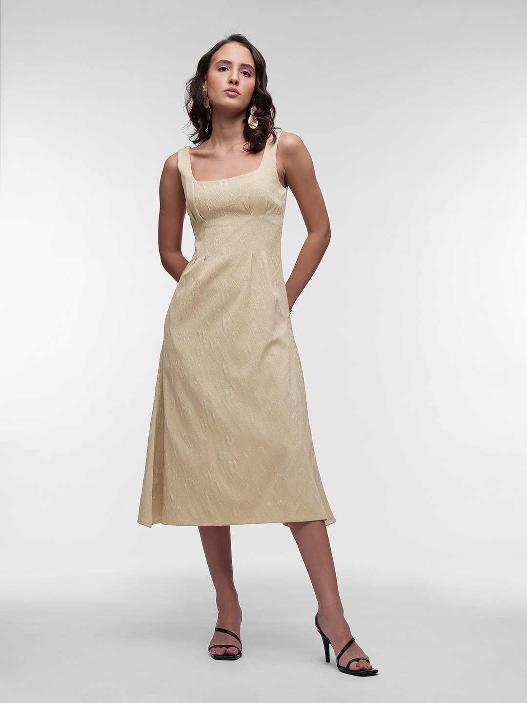 French Connection Textured Shoulder Straps Square Neck A-Line Midi Dress