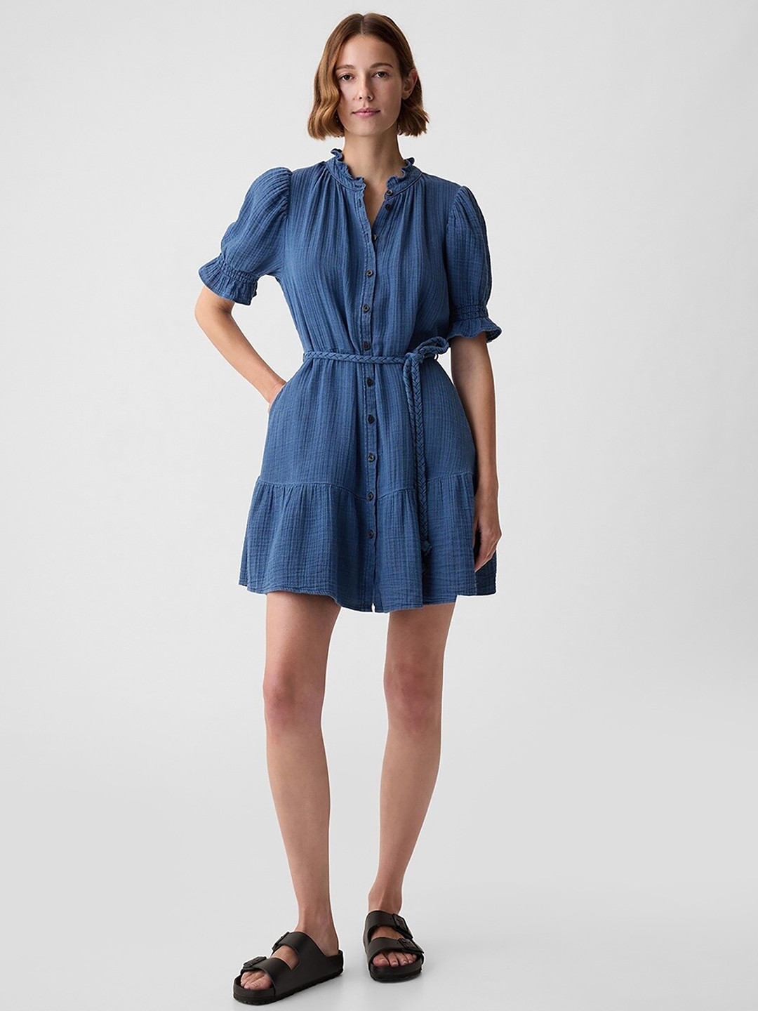 GAP Textured Mandarin Collar Puff Sleeves Mini Pure Cotton Shirt Style Dress