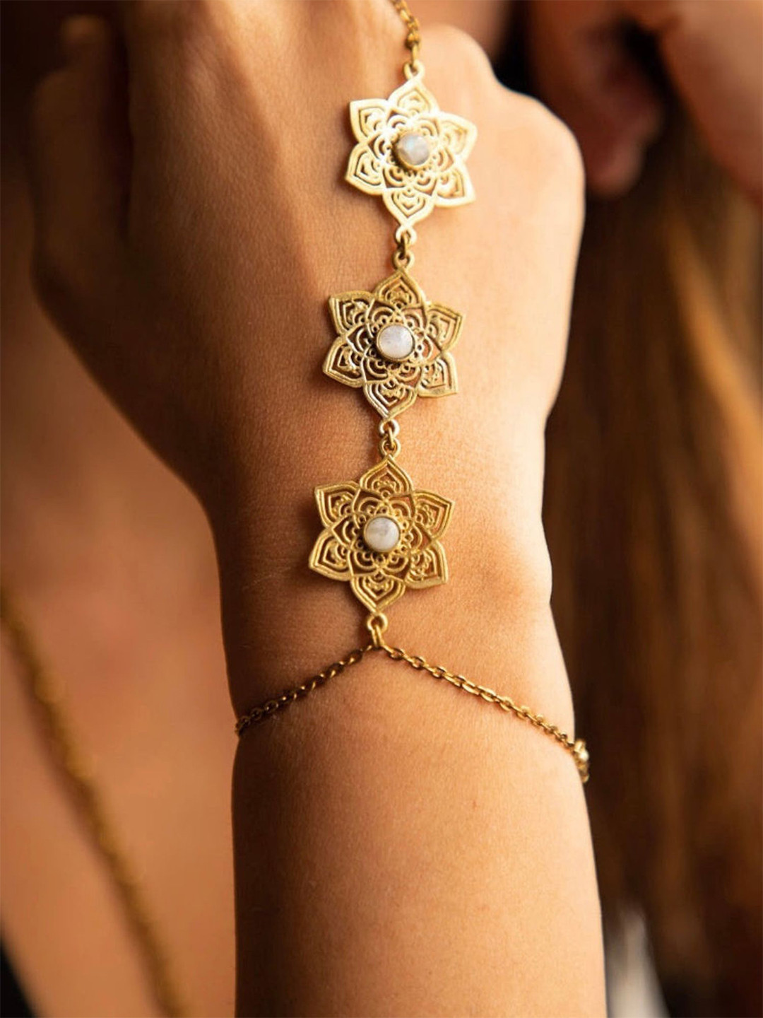 Soul Works Moonstone Mandala Haath Phool Crystals Ring Bracelet with free Brasso polishing Liquid