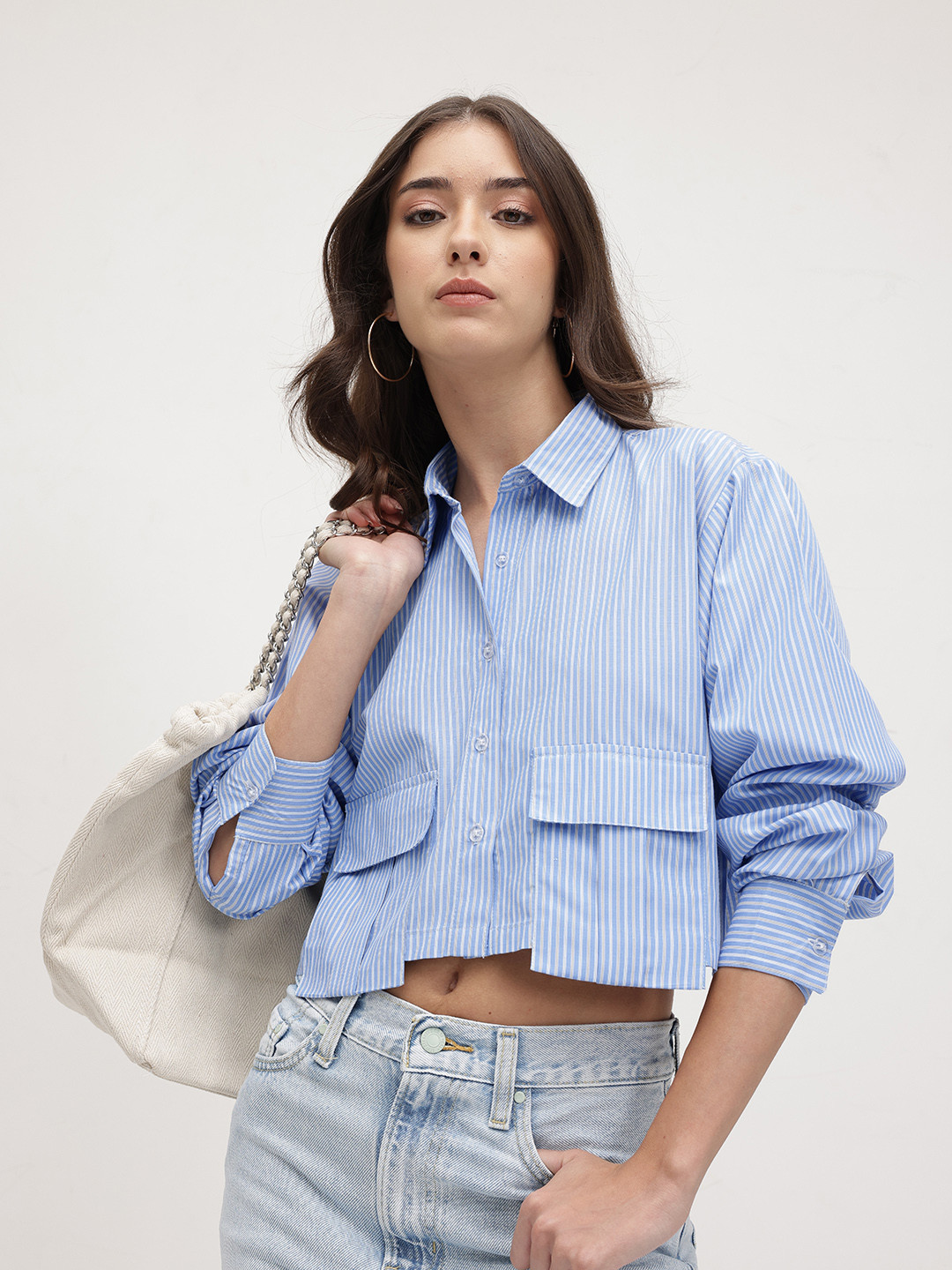 The Roadster Lifestyle Co. Striped Oversized Cropped Shirt