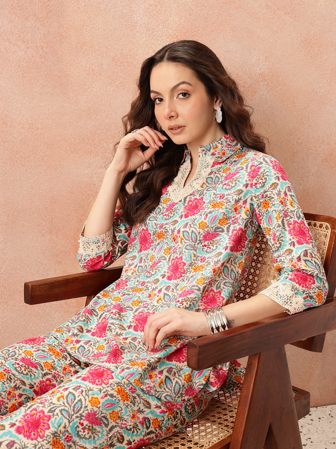 all about you Floral Print Shirt Collar with Lace Detail Co-Ord Set