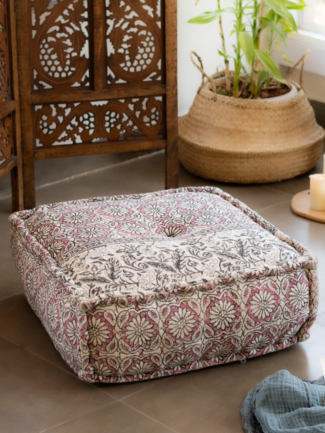 RITUALISTIC Pink Block Print Square Floor Cushion