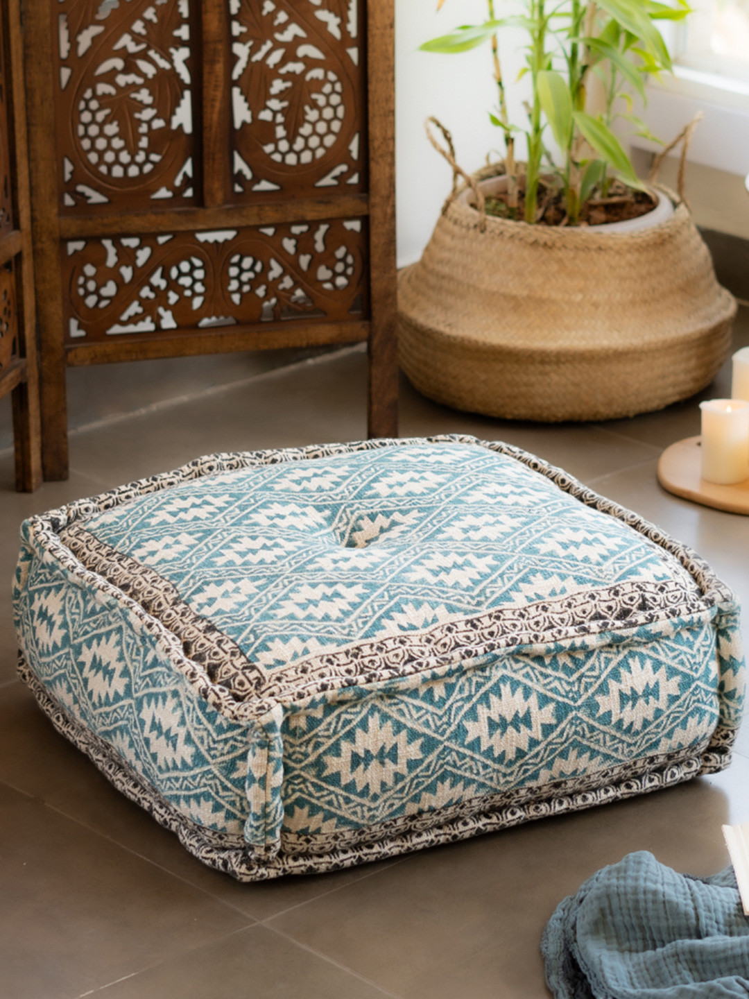 Ritualistic Blue & White Hand Block Printed Square Floor Cushion
