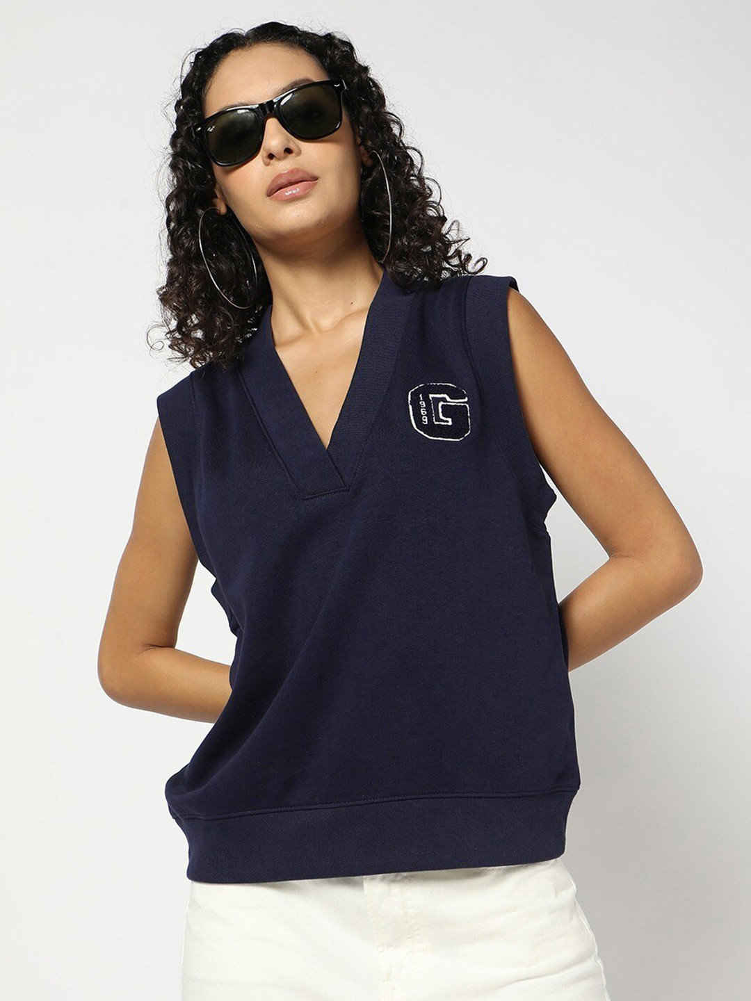 GAP Applique Detail V-Neck Relaxed Fit Top with Fleece Lining