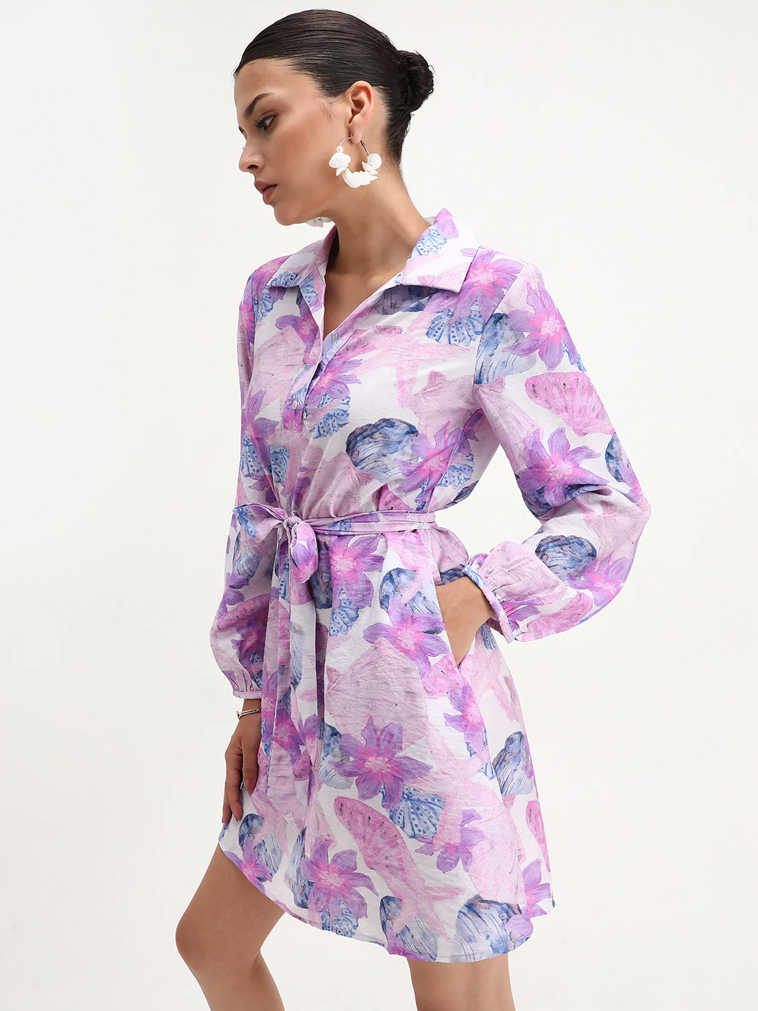 RAREISM Women Prewern Women Floral Printed Shirt Collar Bishop Sleeves A-Line Mini Dress
