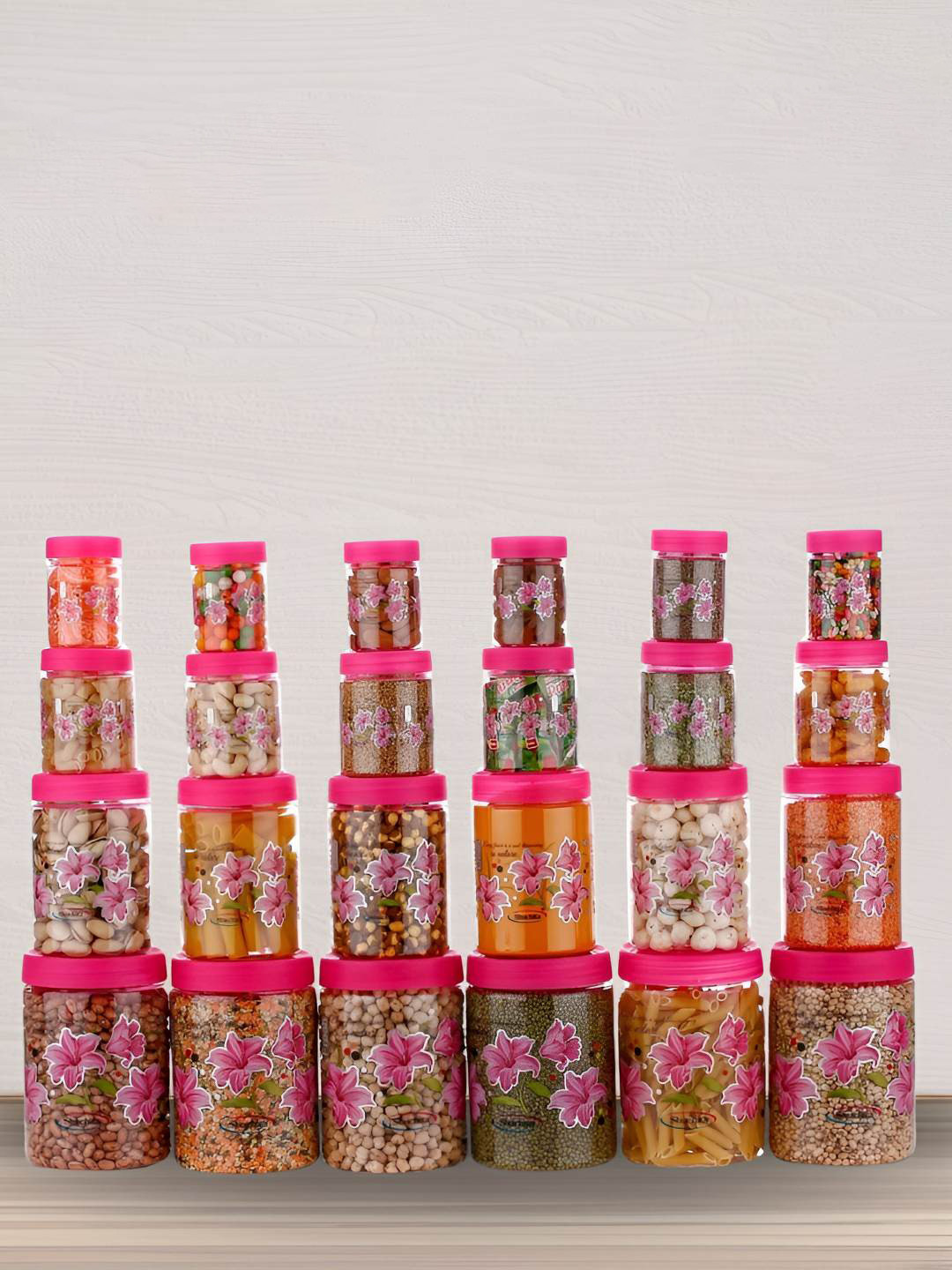 Reeq Pink Floral Plastic Air Tight 24 Piece Screw Top Jar