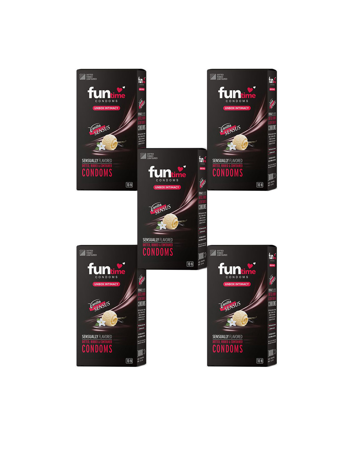 Funtime Pack of 5 Vanilla Flavour Long Lasting Dotted & Ribbed Condom - 50 Pcs