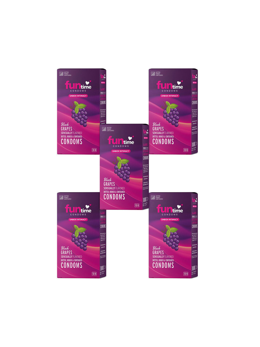 Funtime Pack of 5 Blackgrapes Flavour Long Lasting Dotted & Ribbed Condom - 50 Pcs