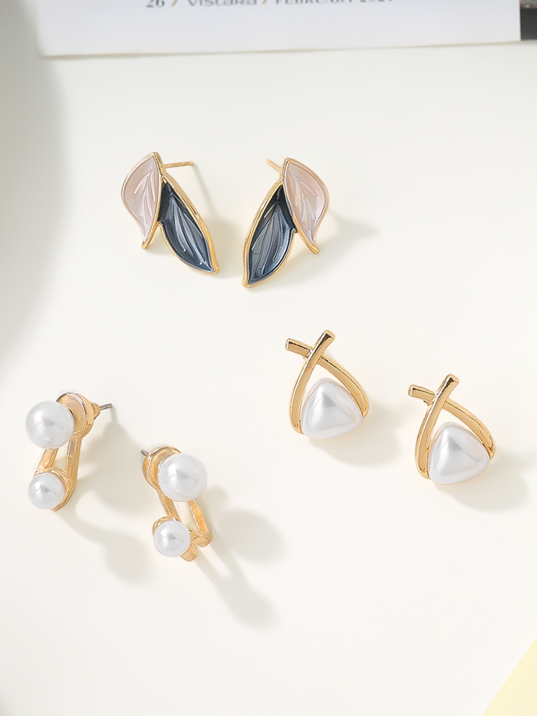 Estailo fashion Set Of 3 Alloy Gold-Plated Leaf Shaped Studs