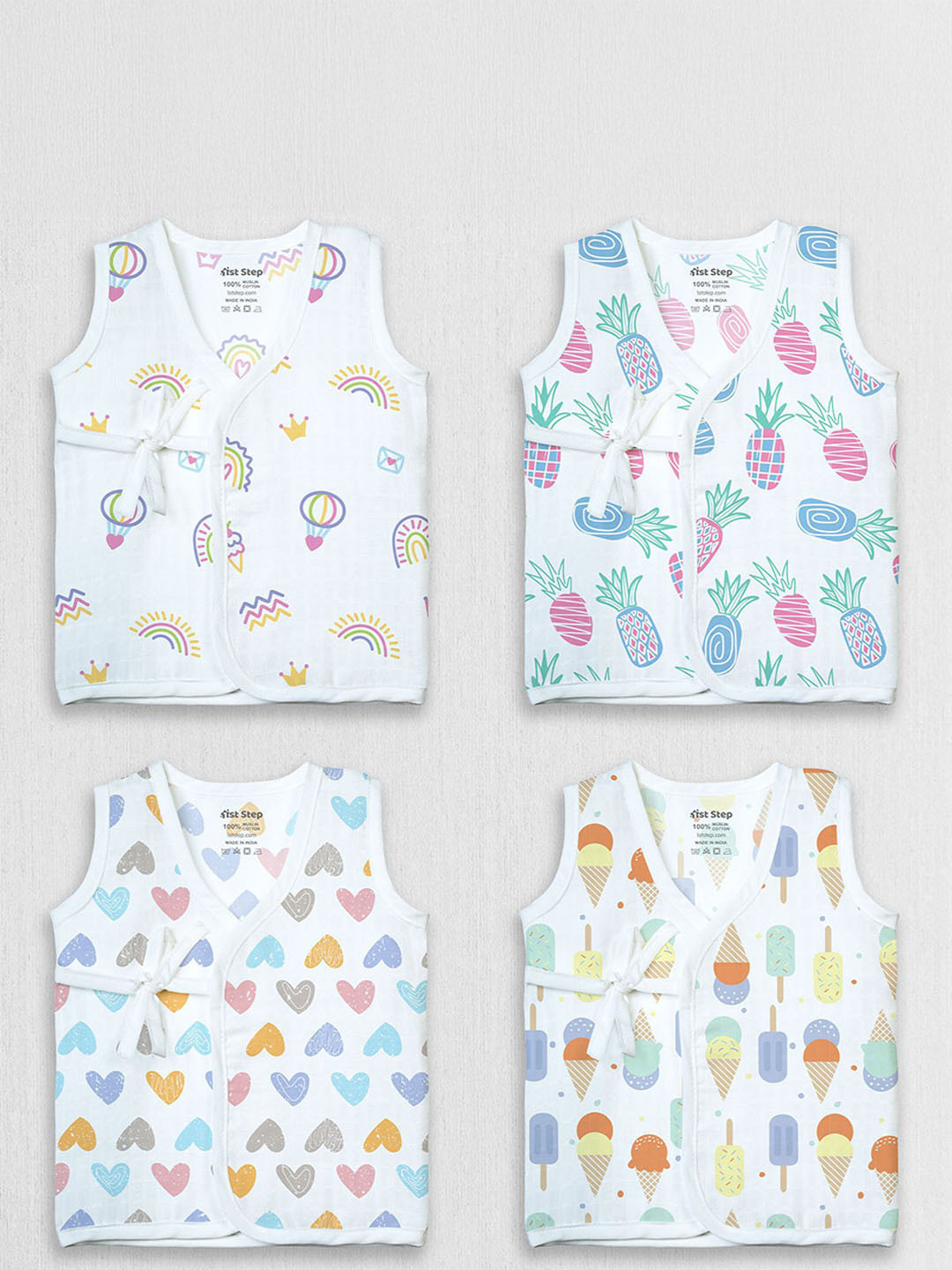 1st Step Girls  Pack of 4 Printed V-Neck Cotton Jhabla