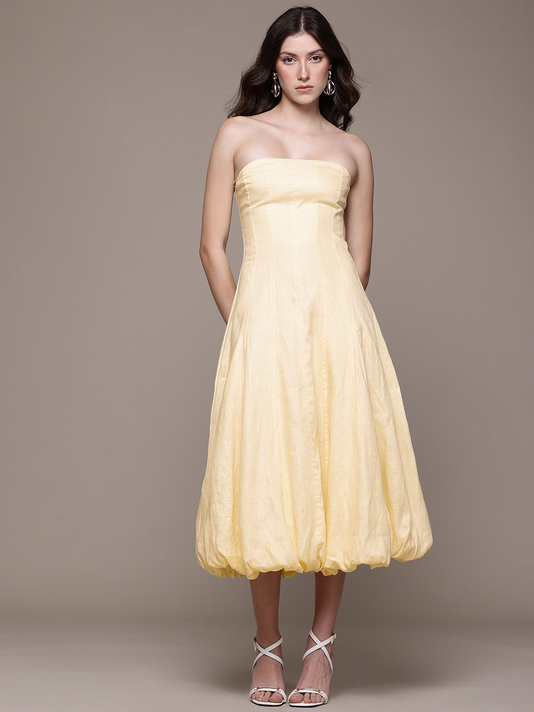 MANGO SELECTION Pure Linen Strapless Midi Balloon Dress