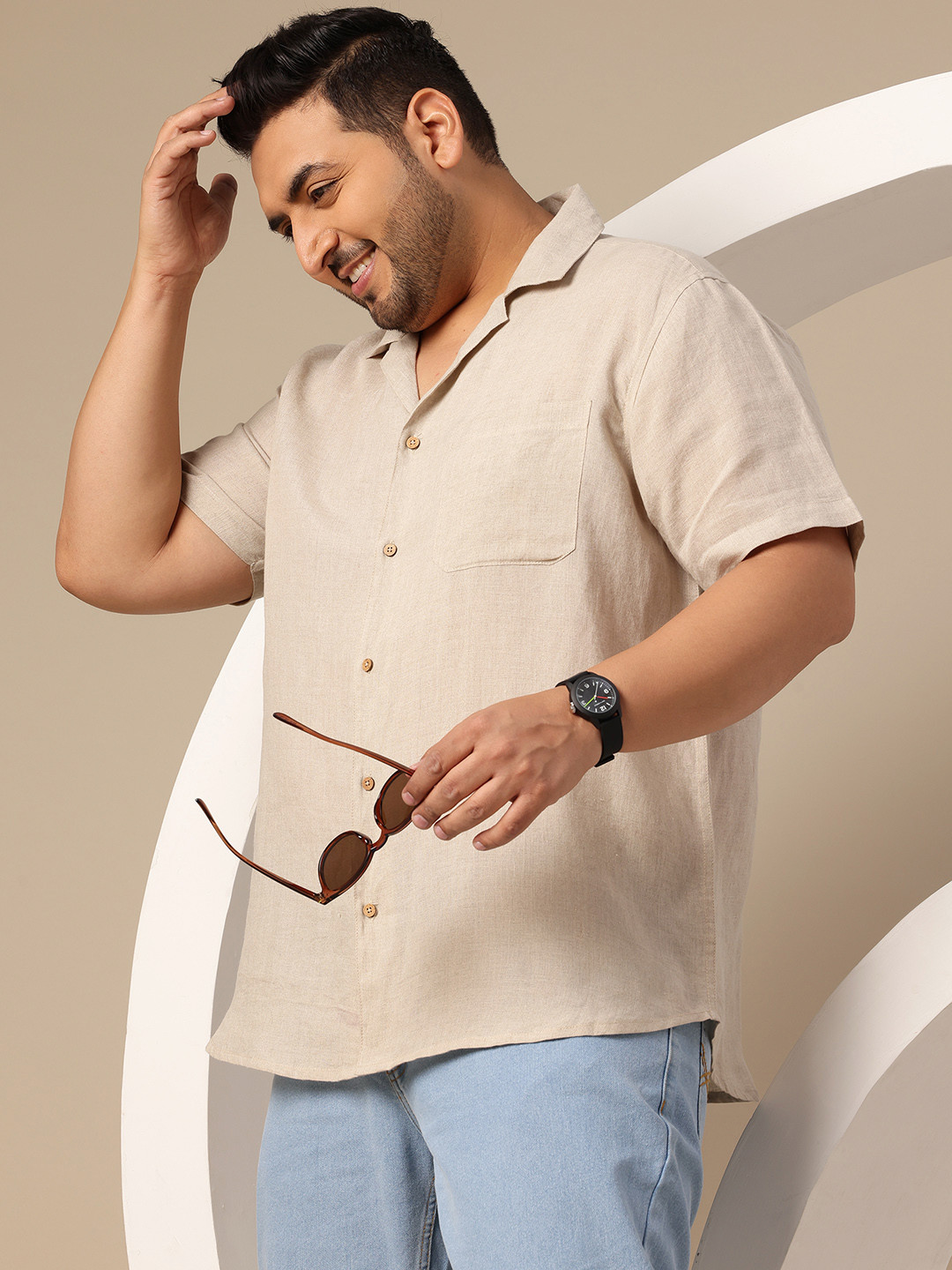 Sztori Plus Size Cuban Collar Linen Relaxed Fit Shirt