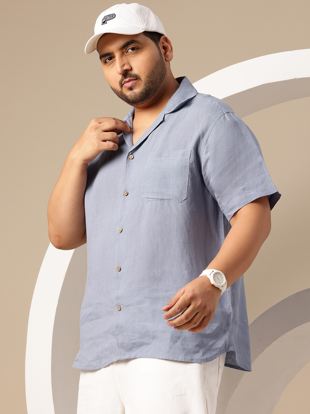 Sztori Plus Size Cuban Collar Linen Relaxed Fit Shirt