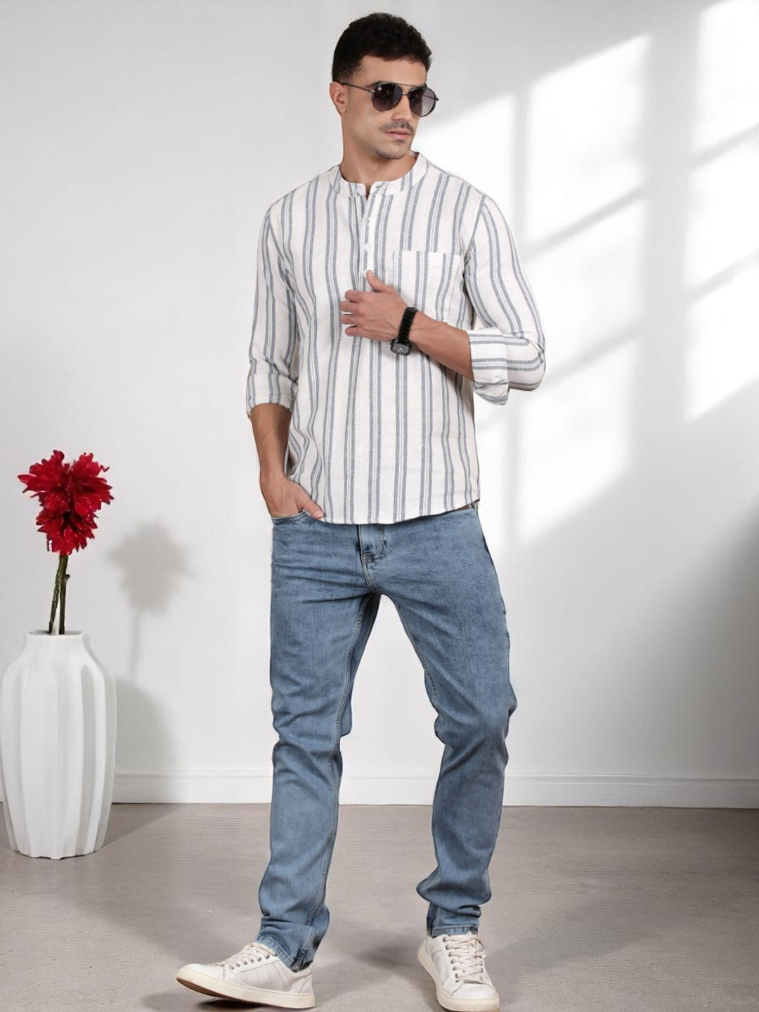 THE SOUL PATROL Men Striped Recycled Cotton Mandarin Collar Short Kurta