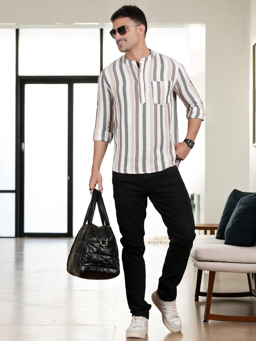 THE SOUL PATROL Men Striped Recycled Cotton Mandarin Collar Short Kurta