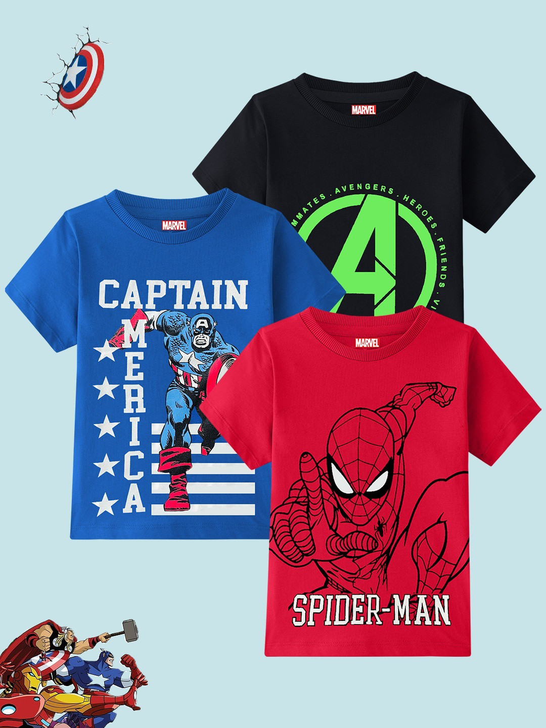 YK Marvel Pack Of 3 Boys Graphic Printed Avengers Regular Fit T-shirt myk-tshrt-554