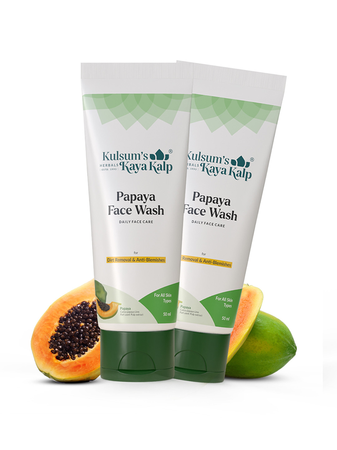 Kulsum's Kaya Kalp Set of 2 Papaya Face Wash for Dirt Removal & Anti-Blemish - 50 ml each