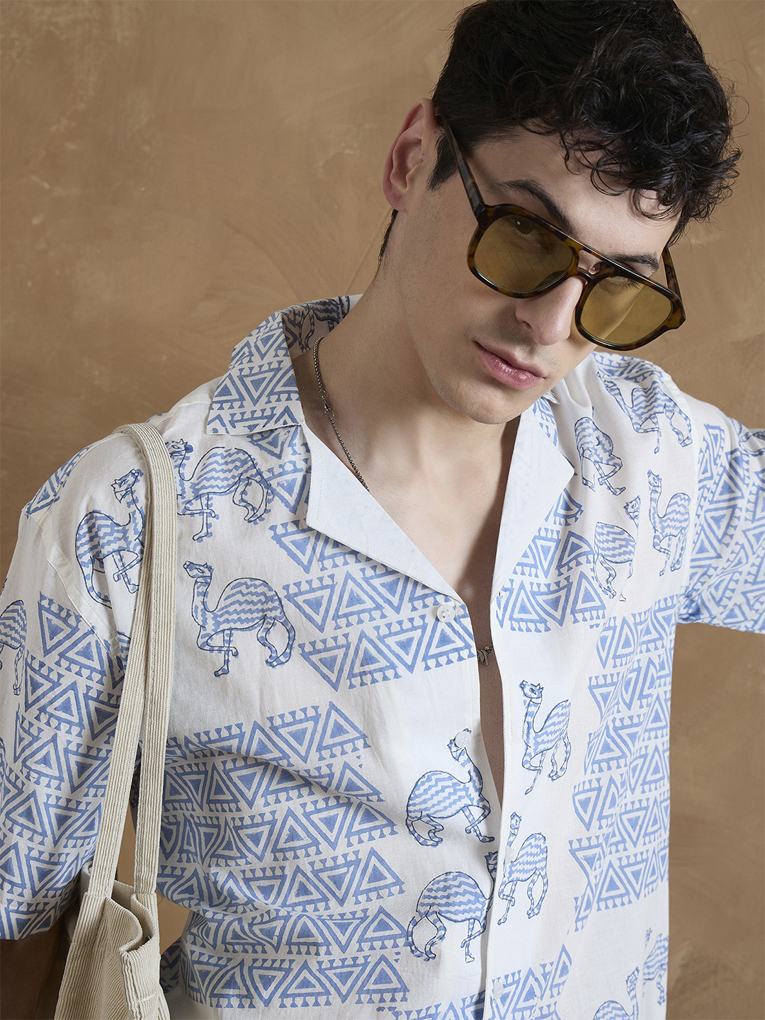 DENNISON Men Off White and Blue Hand Block Printed Oversized Shirt