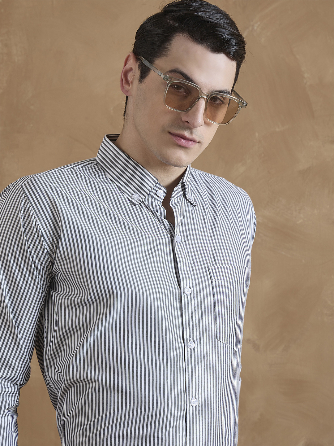 DENNISON Men Black and White Vertical Stripe Shirt